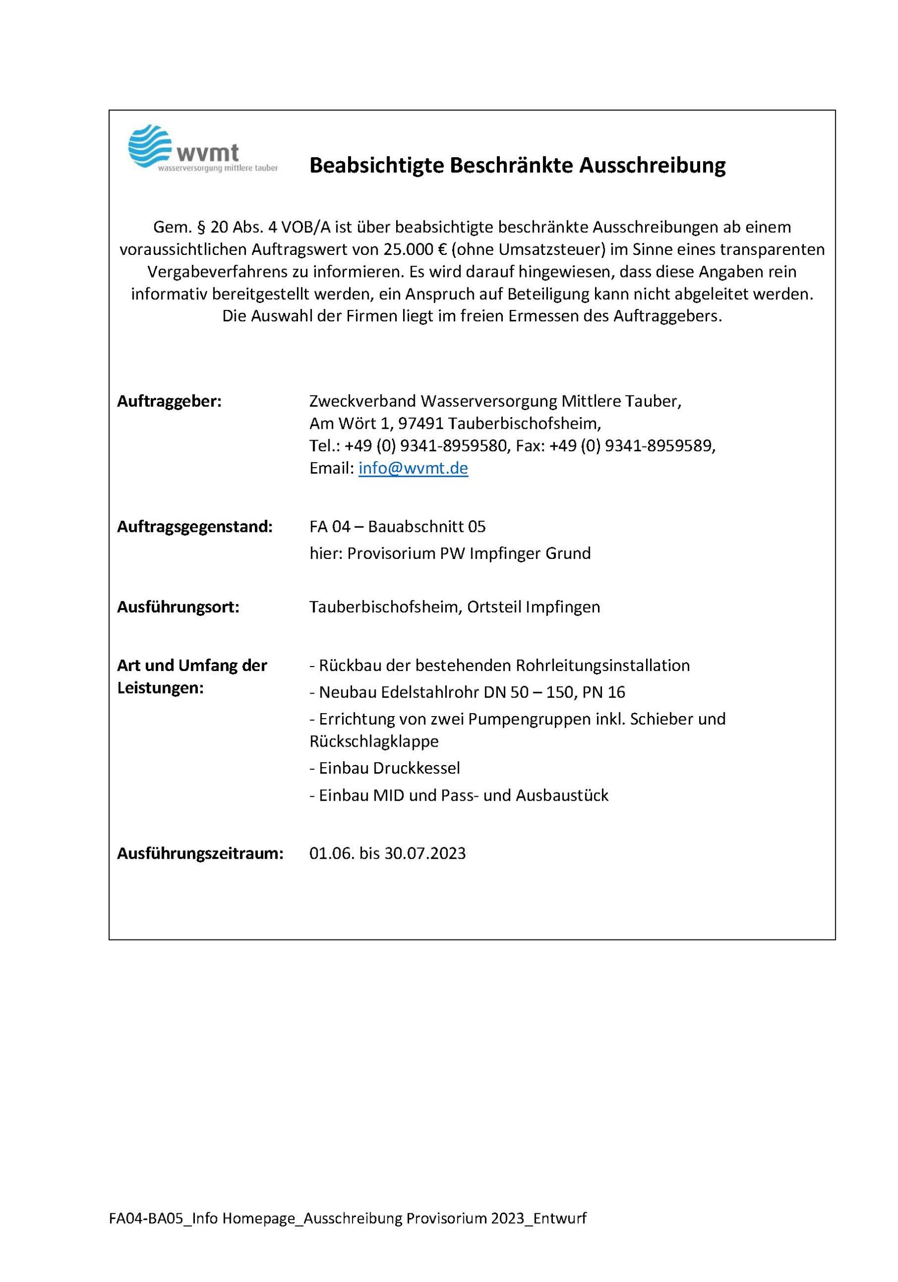 Vorinformationen – WVMT | Wasserversorgung Mittlere Tauber